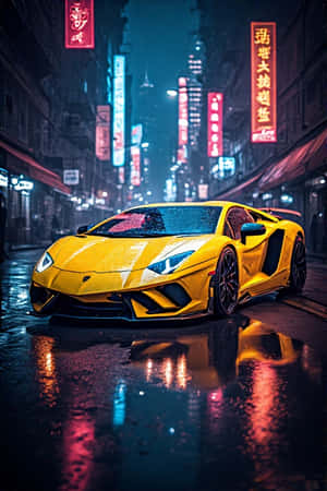 Yellow sports car parked on wet street under glowing neon signs at night. — Lamborghini Wallpaper