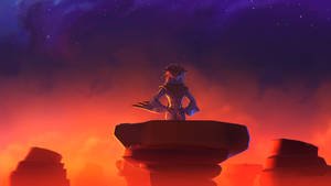 A fantasy character silhouetted against a twilight sky with purple and orange clouds. — Brawl Wallpaper