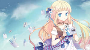 Anime girl with camera floating photo prints in starry sky — Best Wallpaper