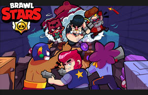 Brawl Stars characters fighting in a rubble-filled arena with explosions. — Brawl Wallpaper