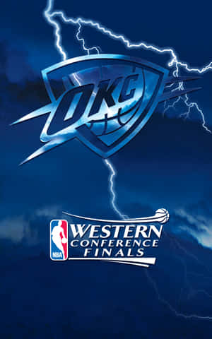 Logo degli Oklahoma City Thunder con fulmini durante le finali della Western Conference NBA. — NBA Sfondi