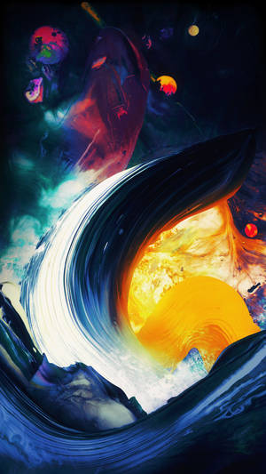 Un'onda cosmica vorticosa circonda una sfera arancione luminosa tra sfere colorate fluttuanti nello spazio. — OnePlus Sfondi