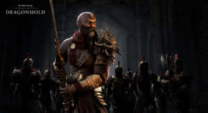 A fantasy warrior with a sword leads a squad of armored soldiers in a dark stone hall. — Showdown Wallpaper