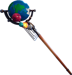 A fantasy staff with a globe and orbiting planets on a black background. — Global Wallpaper