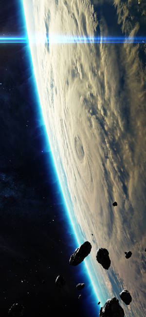 Astronaut view of Earth with glowing atmosphere and floating asteroids in space. — Redmi Wallpaper