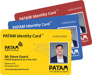 Three PATAM identity cards with photo and text details — Identity Wallpaper