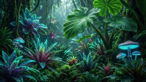 Cogumelos brilhantes e plantas vibrantes em uma selva encantada e nebulosa. — Flora Papéis de Parede