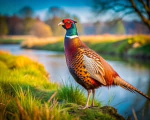A colorful male pheasant stands by a riverbank in a grassy field at sunrise. — Prey Wallpaper