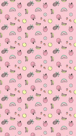 Latar belakang merah muda dengan ilustrasi buah kartun berulang termasuk nanas, semangka, dan pisang. — Android Wallpaper