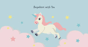A whimsical unicorn flying through a starry sky above pink clouds. — Unicorn Wallpaper