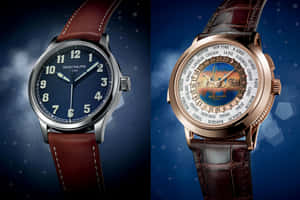 Dois relógios Patek Philippe com pulseiras de couro marrom contra um fundo azul estrelado. — Moda Papéis de Parede