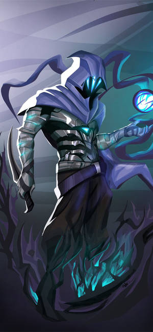A hooded warrior in dark armor holds a glowing blue orb. — Hero Wallpaper