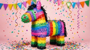 A colorful pinata shaped like a donkey surrounded by confetti and party decorations. — Kidcore Wallpaper