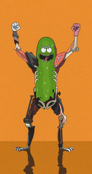 Un cornichon de dessin animé avec un squelette et des membres robotiques lève les poings en signe de triomphe. — Rick And Morty Fonds d'écran