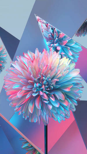 En glödande rosa och blå blomma reflekterad i speglade geometriska former. — Blå estetiska Bakgrundsbilder