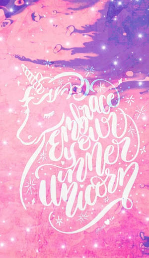 Whimsical pink and purple watercolor with a unicorn silhouette and text embracing inner unicorn. — Unicorns Wallpaper