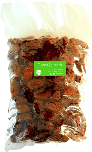 Een zak van 1 kg ontpitte dadels met een groen etiket. — Data Achtergronden