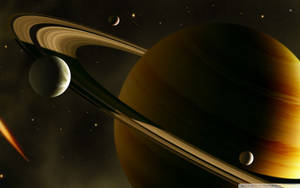 A glowing ringed planet with moons and stars in deep space. — Saturn Wallpaper
