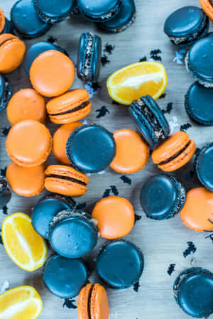 Halloween-tema makroner med appelsinskiver og flaggermusdekorasjoner. — Plastisk Bakgrunner