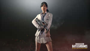 Mädchen in Schuluniform hält Gewehr in dunkler Spielszene mit leuchtenden Partikeln. — Pubg Wallpaper