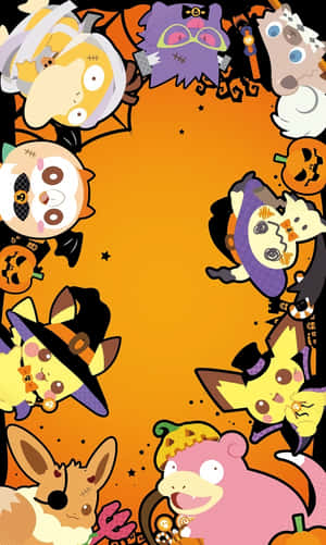 Halloween-tema Pokémon-figurer i kostymer rundt en oransje bakgrunn. — Pokemon Bakgrunner