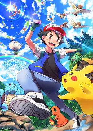 En ung trener feirer med Pikachu og andre Pokémon i en solrik skog med en regnbue. — Sol Bakgrunner