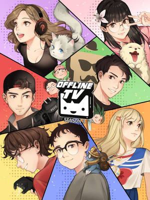 Personnages anime avec des animaux de compagnie et du matériel de jeu dans un collage géométrique coloré. — Pokimane Fonds d'écran