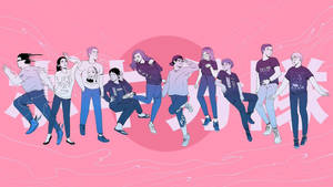 Une illustration colorée d'un groupe diversifié de jeunes posant avec énergie devant un fond rose. — Pokimane Fonds d'écran