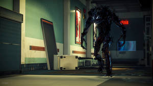 A dark monstrous creature with glowing red eyes walks down a hospital hallway at night. — Prey Wallpaper