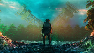 Soldier in alien forest with broken towers under teal sky — Prey Wallpaper