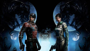 Two armored space explorers stand before ominous winged creatures under glowing moons. — Prey Wallpaper