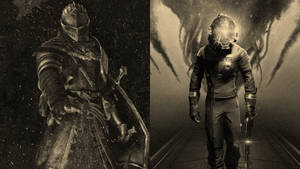 A medieval knight and a deep-sea diver in sepia tones facing ominous environments. — Prey Wallpaper