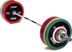 Colorful barbell with weight plates on white stands against black background — Barbell Wallpaper