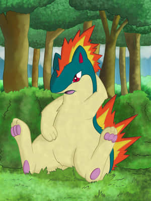 Un Pokémon di tipo fuoco blu e rosso seduto in una foresta verde. — Fuoco Sfondi