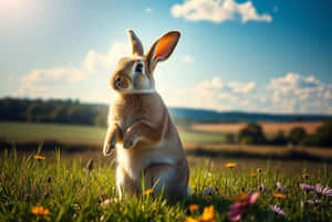 A rabbit standing in a grassy field with wildflowers and a blue sky. — Rabbit Wallpaper