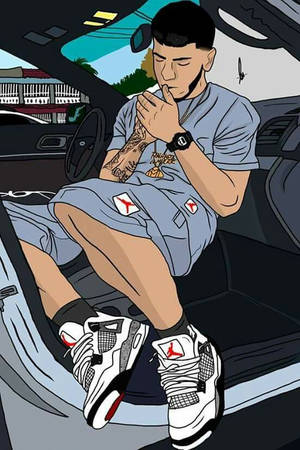 Ung mand med tatoveringer sidder i bil iført Jordan-sneakers og gråt outfit. — Aa Wallpapers