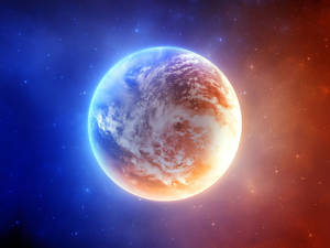 A glowing planet with swirling clouds set against a colorful cosmic nebula filled with stars. — Planet Wallpaper