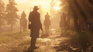 Vaqueros a caballo cabalgan a través de un bosque brumoso al amanecer dorado. — Vaqueros Fondos de pantalla