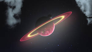 A red planet with glowing rings in a starry cosmic scene with clouds. — Saturn Wallpaper