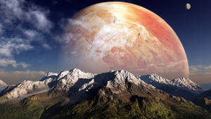 Snowy mountains under a giant alien planet with a small moon — Planet Wallpaper
