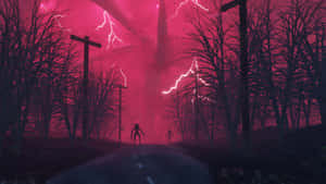 To zombie-figurer går ned ad en mørk vej under en pink lynstorm. — Rød Wallpapers