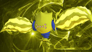 Uma criatura brilhante amarela e azul semelhante a um dragão com asas listradas contra um fundo de energia dourada giratória. — Pokémon Papéis de Parede