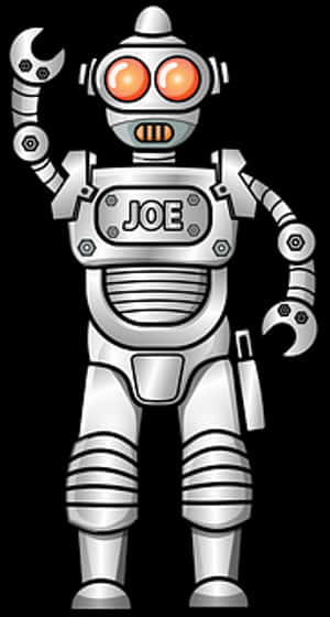Silver cartoon robot named Joe with glowing orange eyes waving. — Robot Wallpaper