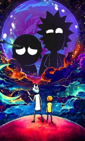 Silhouettes de Rick et Morty contemplent la nébuleuse cosmique depuis une planète lumineuse. — Rick And Morty Fonds d'écran