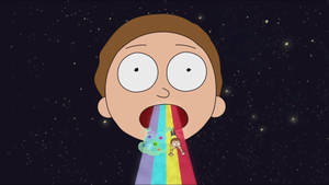 Personnage de dessin animé crachant un arc-en-ciel avec une petite figure accrochée contre ciel étoilé. — Rick And Morty Fonds d'écran
