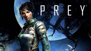 Female astronaut in space suit facing alien threat with planet in background. — Prey Wallpaper