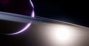 Planet with glowing rings illuminated by a bright sun in space. — Saturn Wallpaper