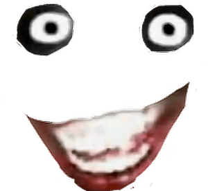 A distorted digital face with glowing eyes and a wide toothy grin. — Face Roblox PNG