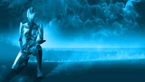 A glowing blue robot kneels in a smoky futuristic landscape at night. — Robot Wallpaper
