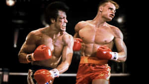 Dois boxeadores com luvas vermelhas se enfrentam em um ringue mal iluminado com expressões intensas. — Boxe Papéis de Parede